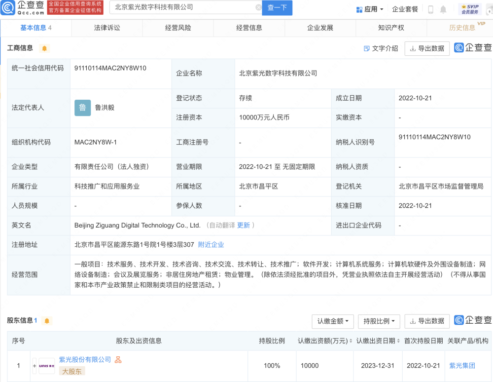 紫光股份在北京成立全新數(shù)字科技子公司 注冊資本達(dá)1億元瞄準(zhǔn)計(jì)算機(jī)軟硬件及外圍設(shè)備市場